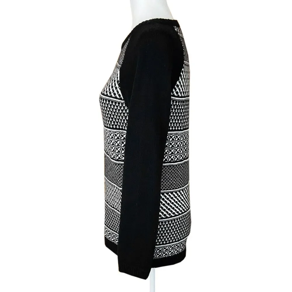 Talbots Crew Neck Sweater Size M Black White Geometric Knit Lambswool Blend